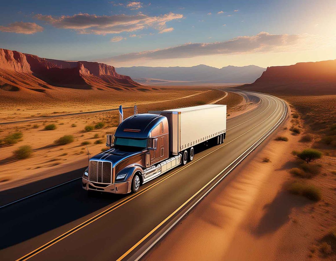 An American long-distance truck running along the freeway through the desert